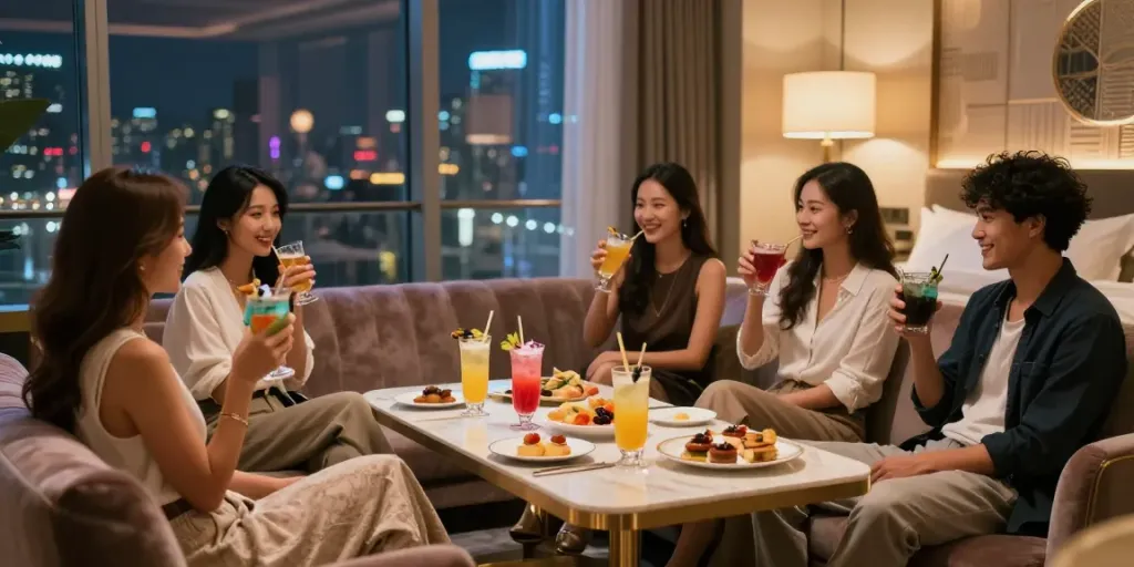강남구구단 쩜오의 고급스러운 독립 룸에서 친구들이 함께 시간을 보내며 음료를 즐기는 모습.