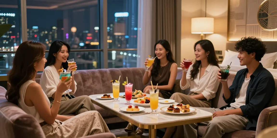 강남구구단 쩜오의 고급스러운 독립 룸에서 친구들이 함께 시간을 보내며 음료를 즐기는 모습.
