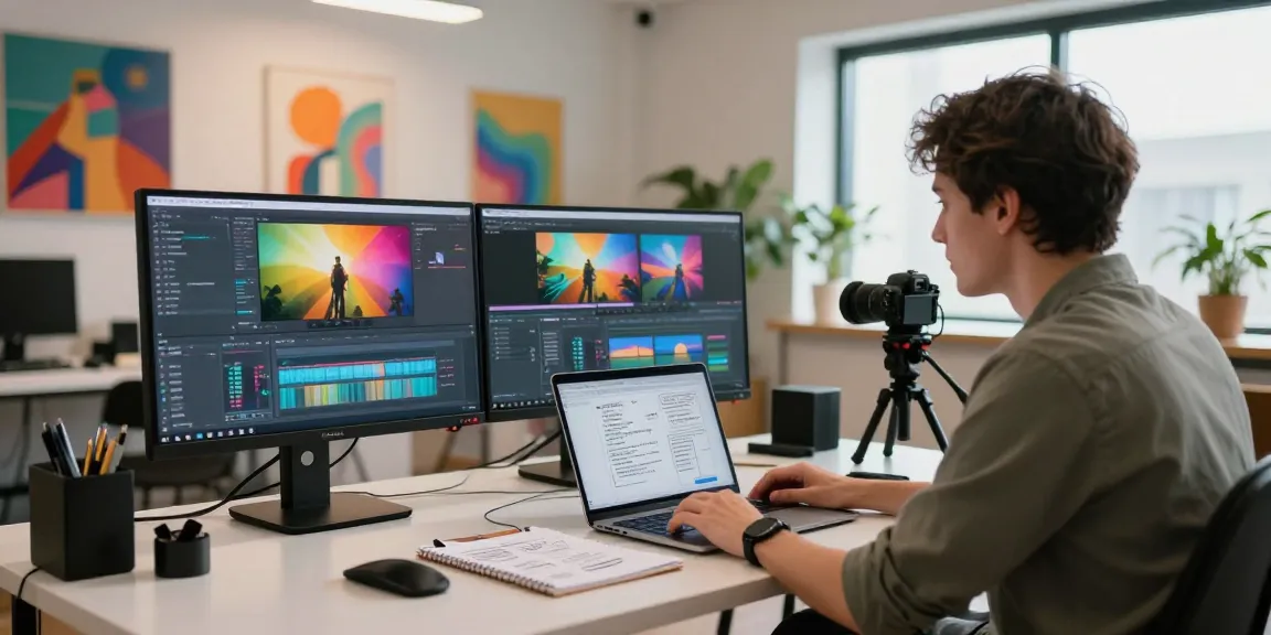 Creative studio scene for generating ai video prompts with video editing setup and vibrant atmosphere