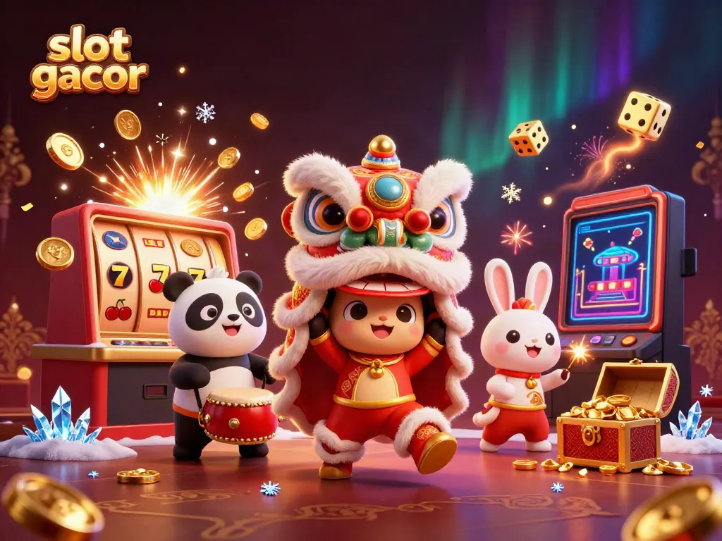 Engage with slot gacor excitement as a lion dance attracts fortunes in a vibrant casino scene
