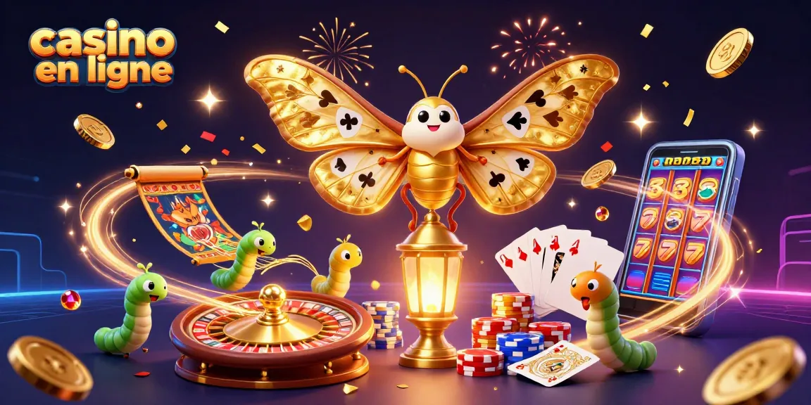 Illustration 3D colorée de casino en ligne avec un papillon, des pièces et une roulette.