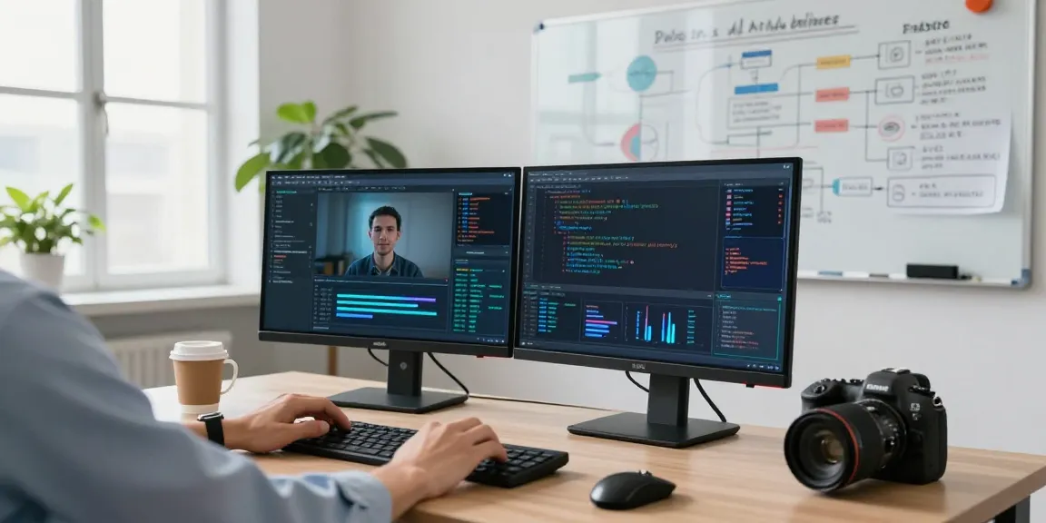 Detect AI image with advanced software in a professional workspace showing data analysis on dual screens.