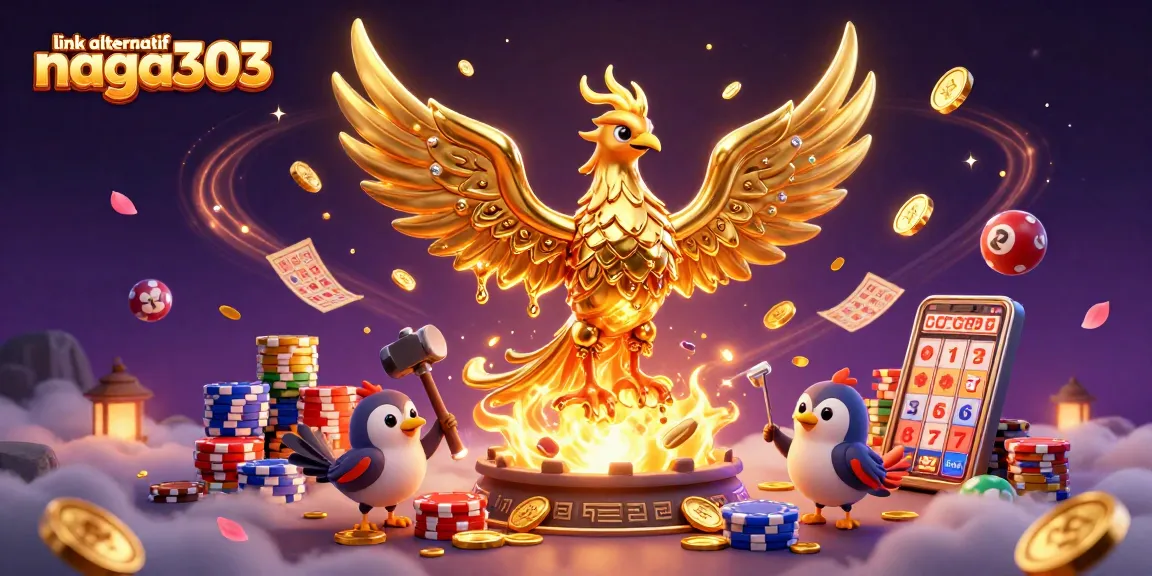 Win at link alternatif naga303 with vibrant 3D characters, casino elements, and dynamic gold effects.
