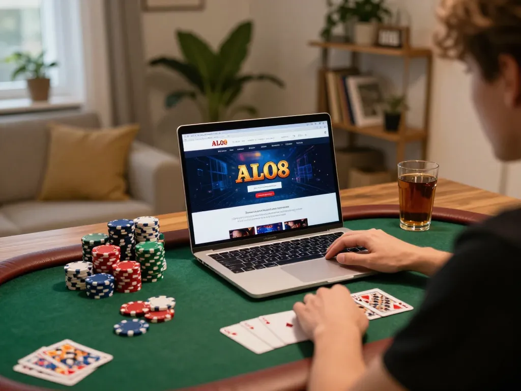 Player engaging with ALO8 online casino on a laptop in a cozy home setting with poker chips