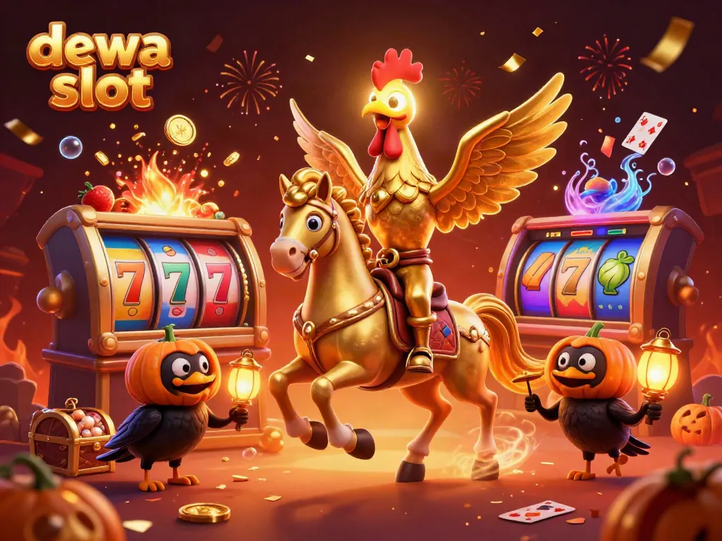 Gali kesenangan di Dewa Slot dengan kemenangan fantastis sambil dikelilingi koin emas dan lambang keberuntungan.