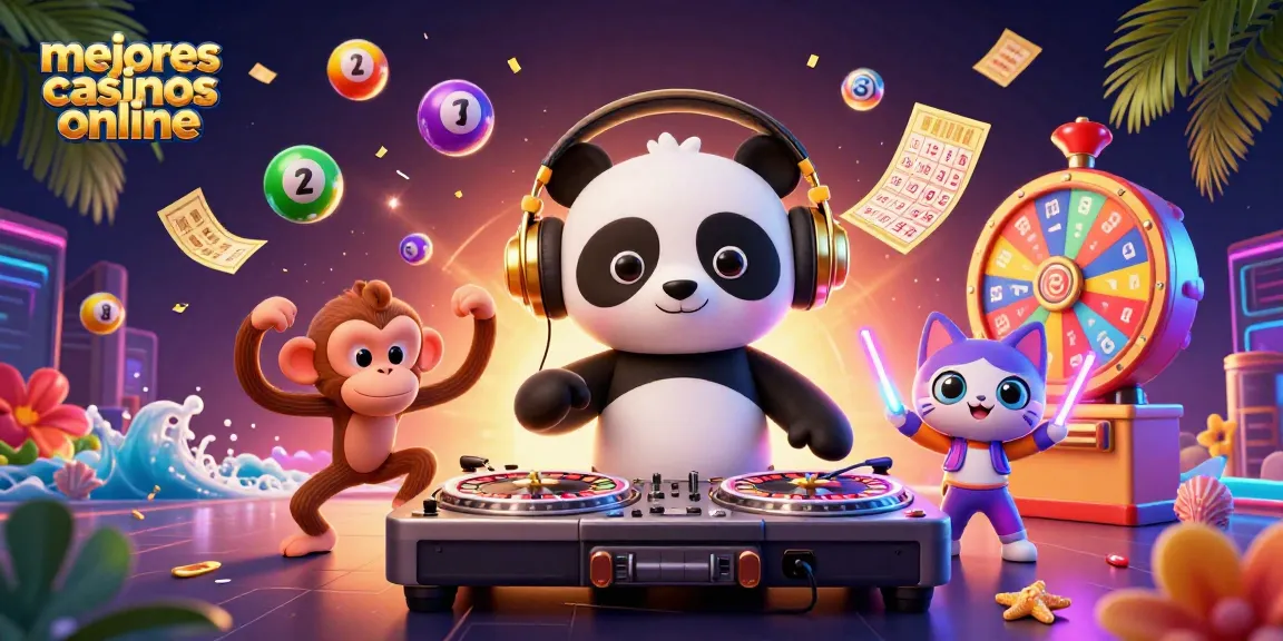 Ilustración 3D de los mejores casinos online con un panda DJ, un mono bailando y un gato con glow-stick.