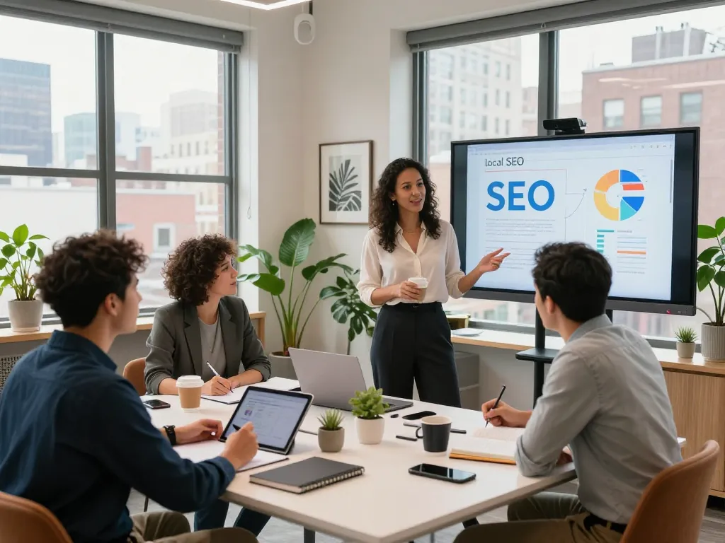 Team collaborating on Local SEO NYC strategies in a vibrant NYC office environment.
