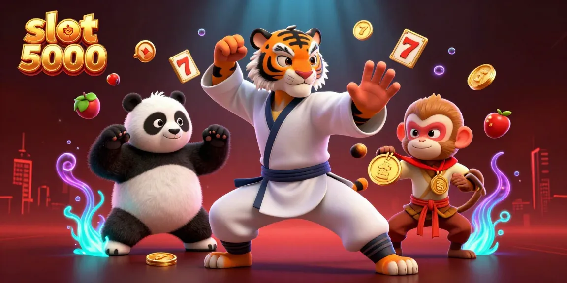 Engage with slot 5000's lively 3D cartoon scene featuring a kung fu tiger, panda, and monkey in a vibrant casino.