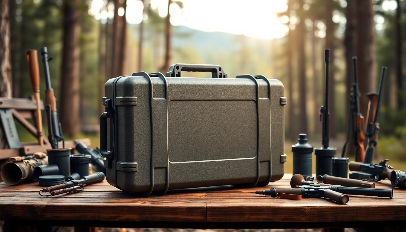 A vibrant pelican gun case for sale, elegantly showcased amidst hunting gear in a natural outdoor setting.