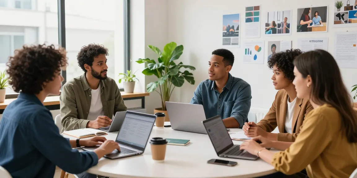 Promote your servises startups with professionals collaborating in a modern workspace.
