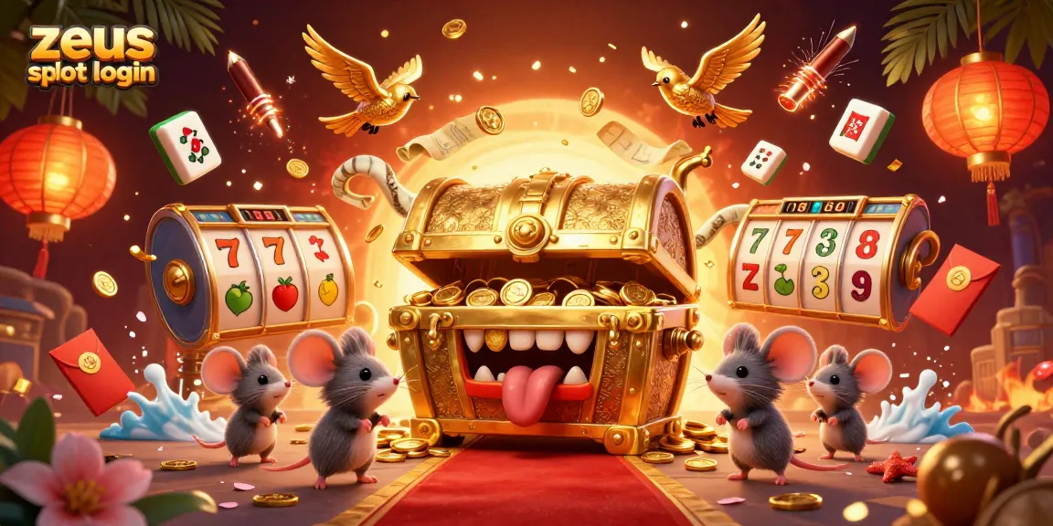 Play zeus slot login in a vibrant casino-themed 3D illustration filled with gold treasures and dynamic game elements.