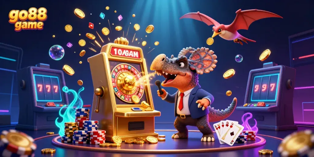 Experience thrilling gameplay with Go88 game as a pachycephalosaurus wins a jackpot, surrounded by casino excitement.