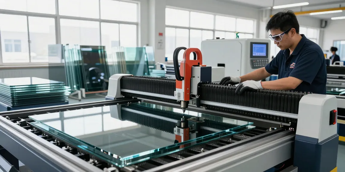 Technician using a glass cutting machine CNC in a modern manufacturing workshop.