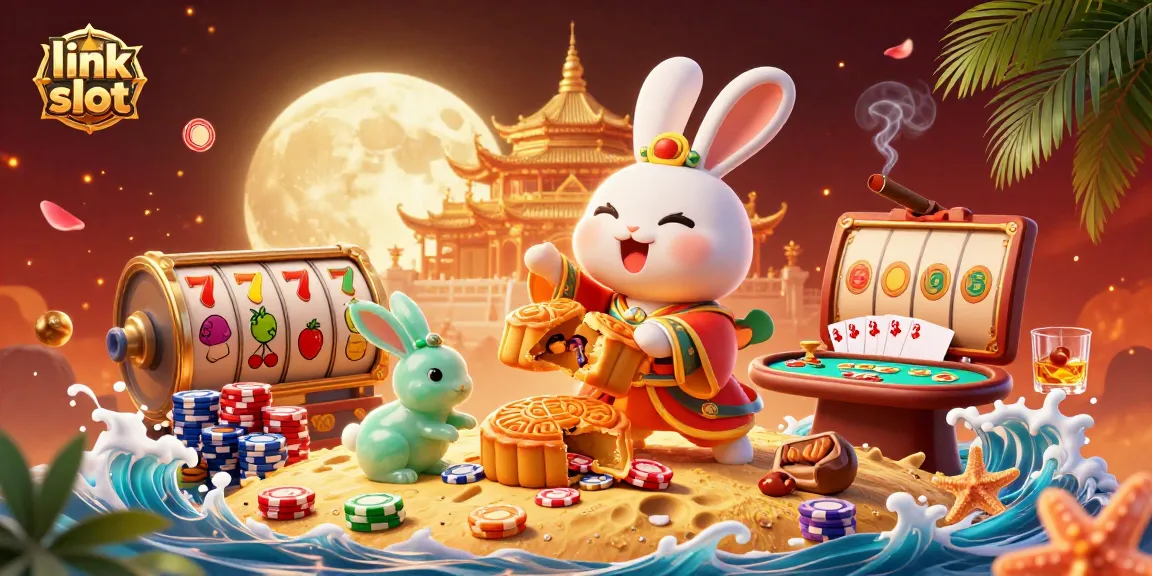 Experience thrilling link slot action with a vibrant moon rabbit and poker chips in this engaging illustration.