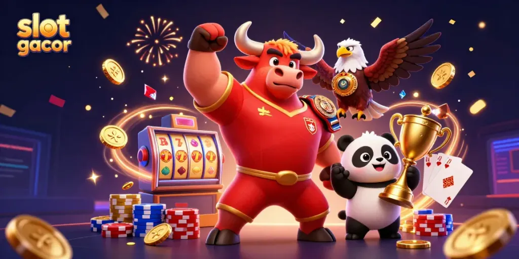 Engage with slot gacor as the bull mascot victoriously poses amidst coins and prizes in a lively casino scene.