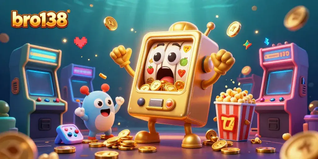 Experience the excitement of bro138 as animated slot machines hit jackpots, surrounded by vibrant game elements.
