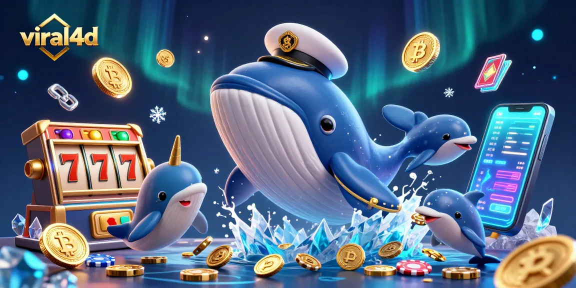 Playful dolphins and a giant whale in a sea of coins, exploring viral4d slot gaming excitement.