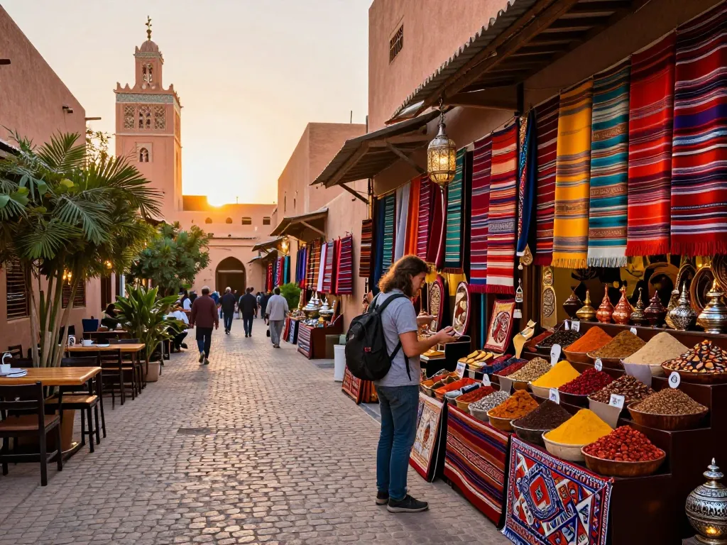 Vibrant Marrakech scene showcasing a traveler interacting in local souks, epitomizing the essence of a Morocco tour company experience.