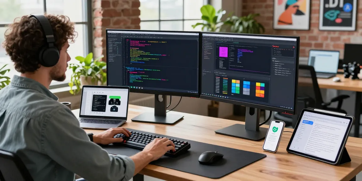 Developer utilizing open claw skill in modern workspace with dual monitors, coding tools, and vibrant office plants.