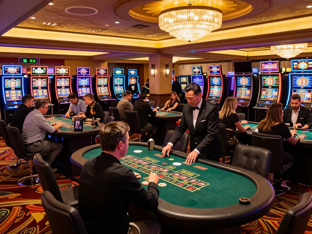 LUCK8 players enjoying dynamic gameplay at a bustling casino floor with roulette and blackjack tables.