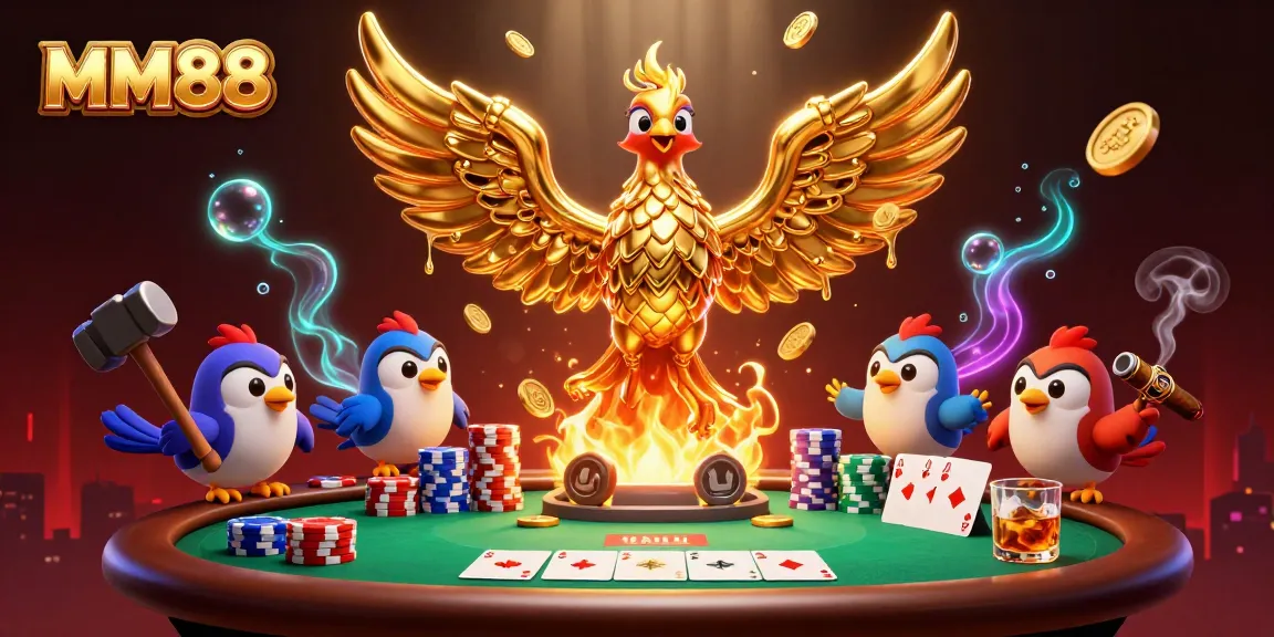 Engage in thrilling gambling at MM88 with a molten phoenix and poker scene.