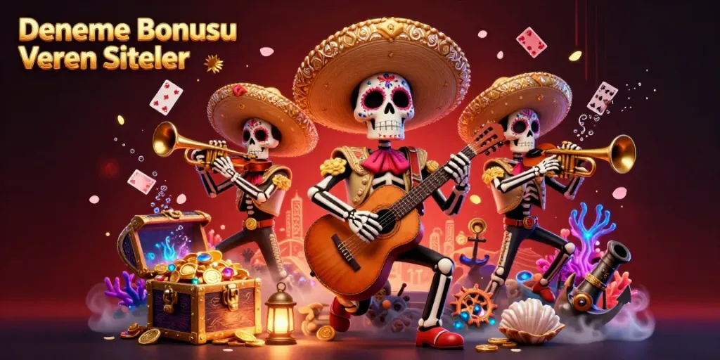 Enjoy vibrant Dia de los Muertos mariachi band celebrating Deneme Bonusu Veren Siteler with colorful elements.
