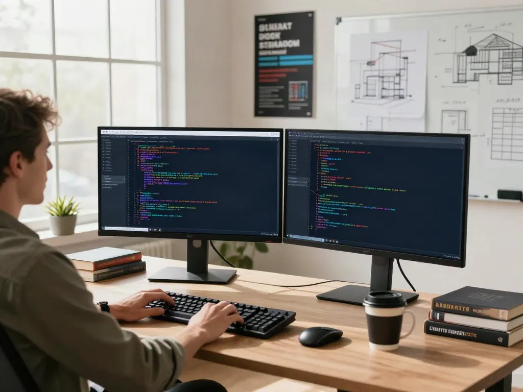 Developer using v2rayN software on dual monitors in a modern office setup