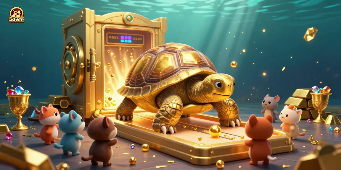 Engage in thrilling gameplay with 58win's dynamic casino scene featuring vibrant treasures and a colossal tortoise.