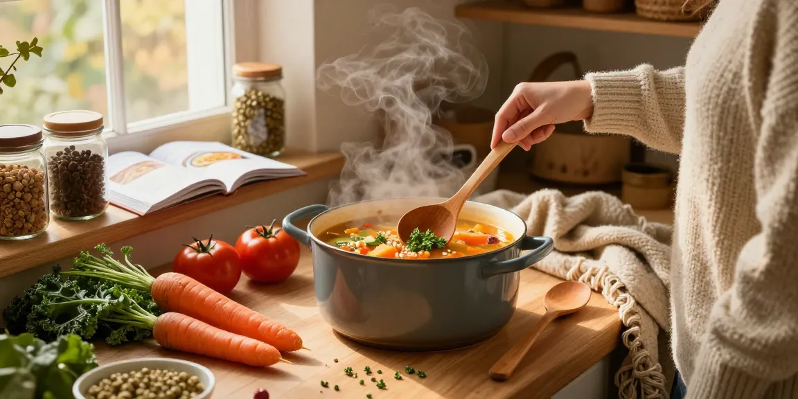 Leckere vegane Suppenzubereitung mit buntem Gemüse in einem gemütlichen Küchenambiente.