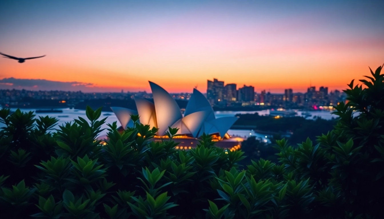 Experience vibrant Australian city life with the illuminated Sydney Opera House at dusk.
