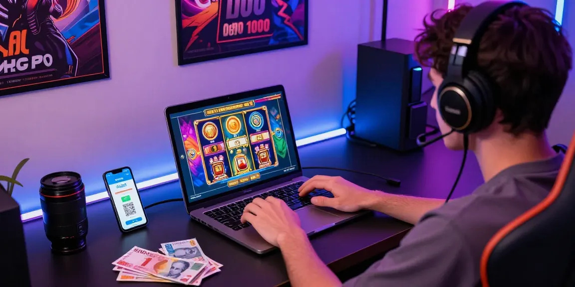 Enjoying slot depo 1000 on a modern desk with colorful games and currency notes.