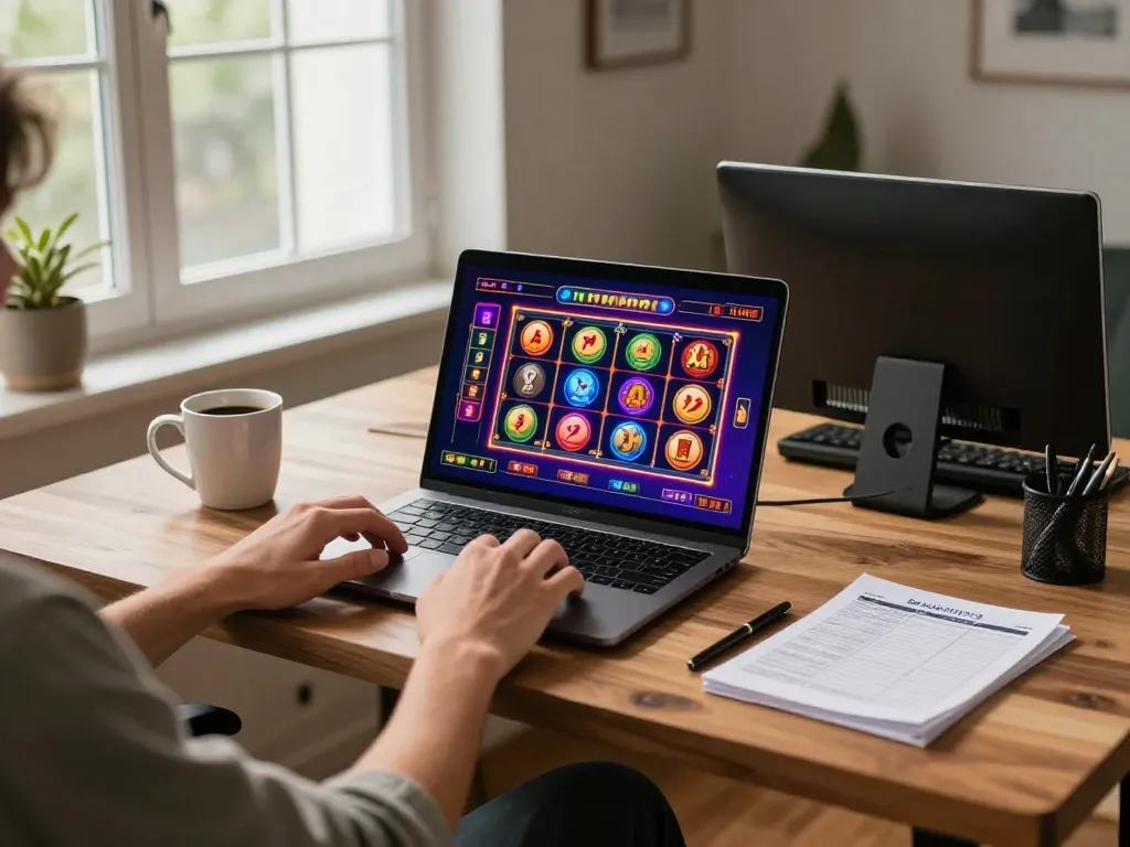 Engaging in online casinos in Canada with a strategic gameplay setup showcasing slots on a laptop.