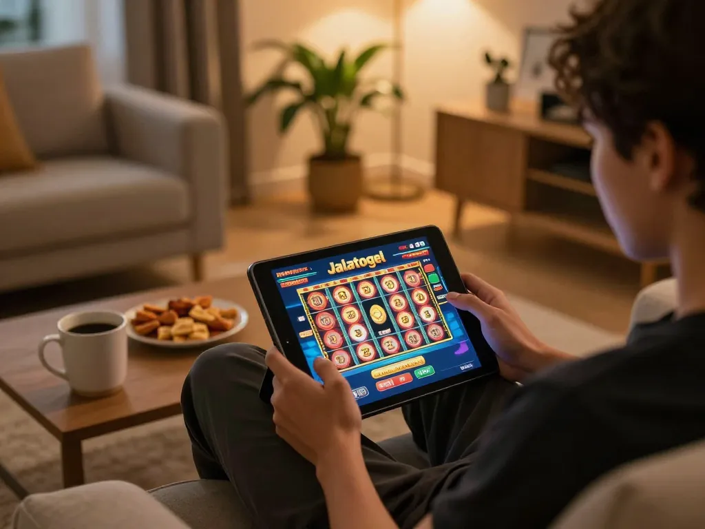 Bermain permainan kasino online dengan Jalatogel di tablet dalam suasana ruangan yang nyaman.