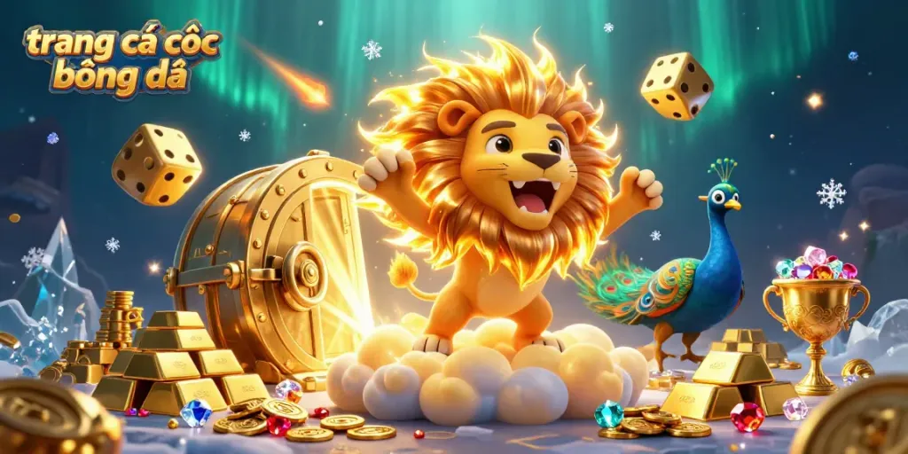 Experience the thrill of trang cá cược bóng đá with a majestic lion and golden dice amidst dazzling treasures.