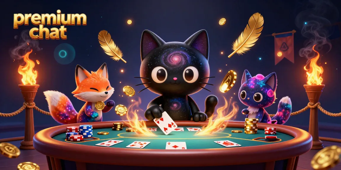 Experience premium chat with engaging characters and vibrant casino elements in this action-packed illustration.