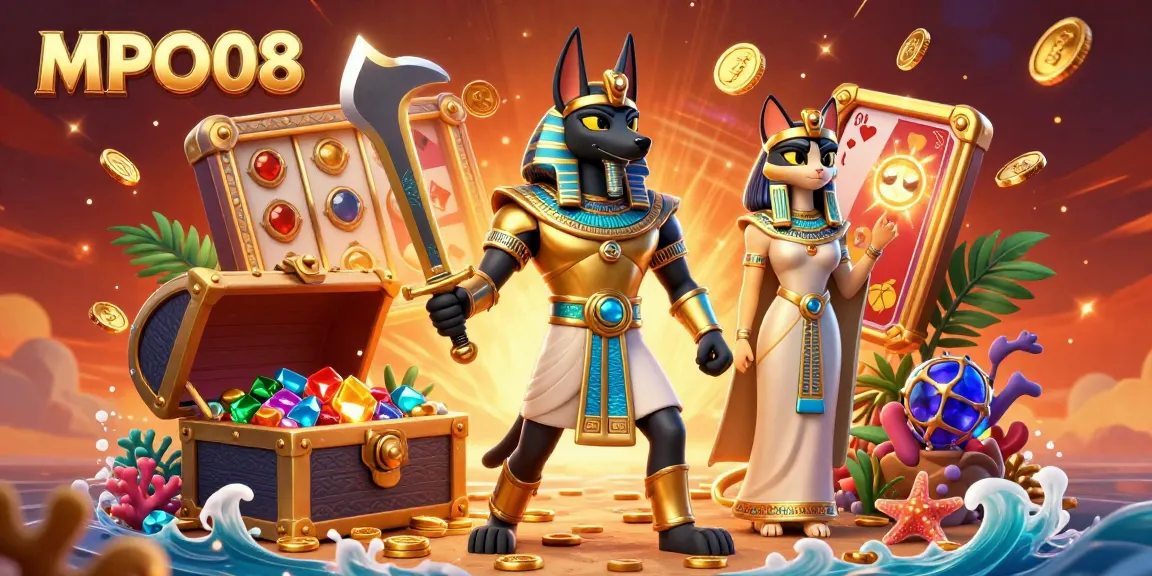MPO08 brings exciting 3D casino adventures featuring Anubis and Bastet amidst vibrant gaming elements.