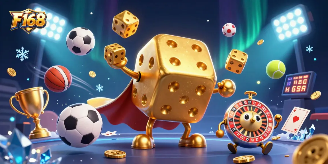 F168 celebrates dynamic gaming adventures with golden dice, sporting elements, and exciting casino action.