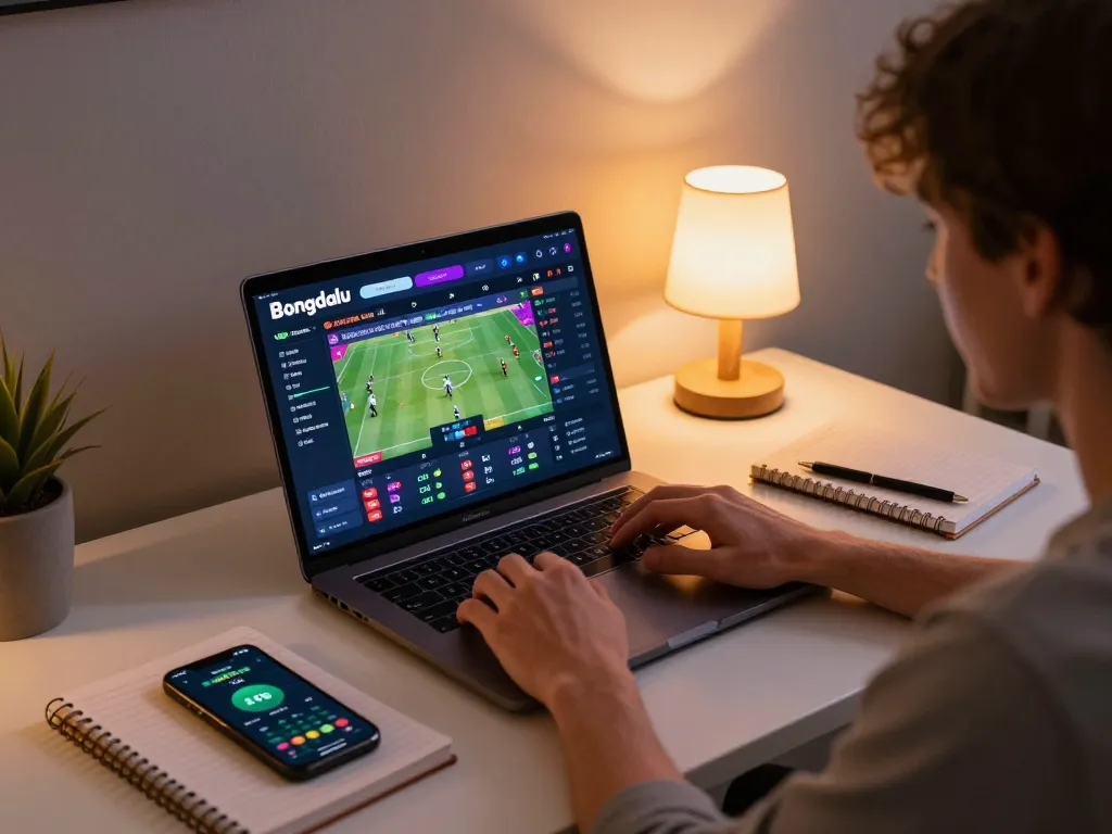 Bongdallu sports betting in action with a user analyzing live odds on a laptop in a cozy home setup