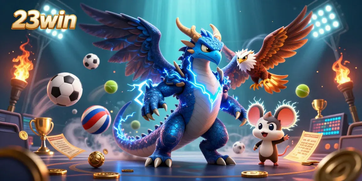 Engage in the thrilling world of 23win with dynamic characters and sports elements celebrating gambling excitement.