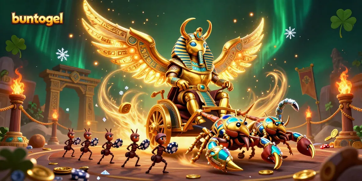 Buntogel showcases a dynamic gaming scene with a golden scarab beetle and scorpions navigating vibrant casino elements.
