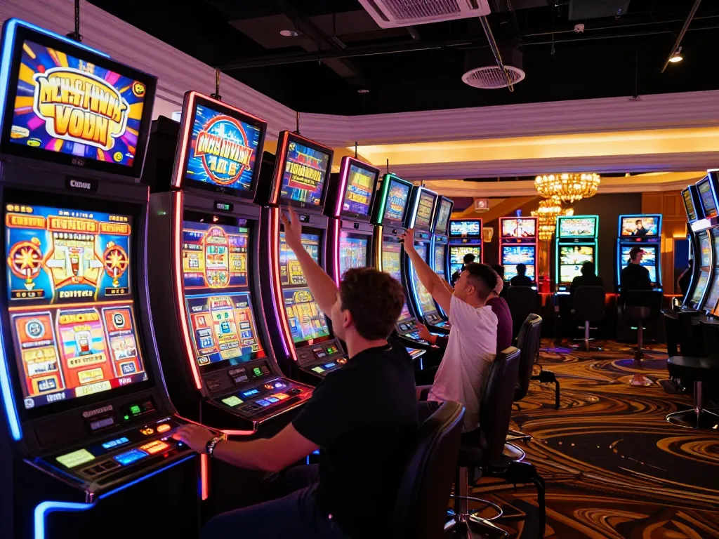 Players celebrating wins at ALO8 slot machines in vibrant casino atmosphere.