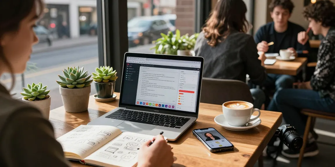 Influencer utilizing services to buy real Instagram likes at a trendy café, laptop displaying analytics.
