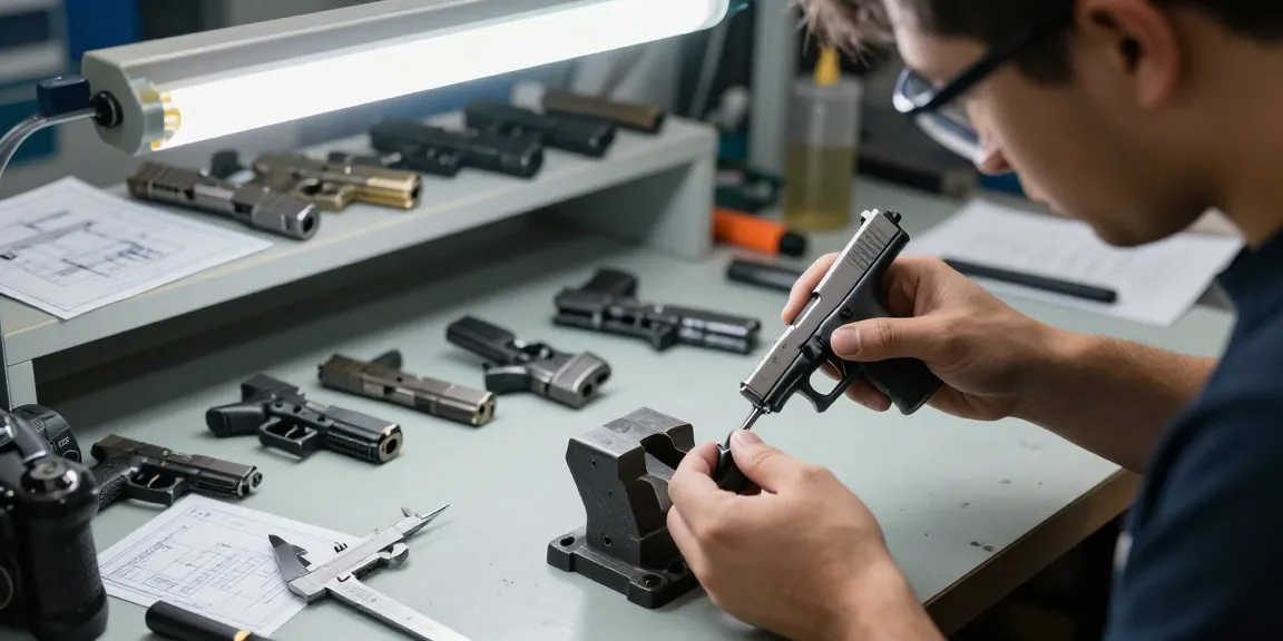 Customizing Glock slides at https://precisionglockslides.com, showcasing craftsmanship and precision in an industrial workshop.
