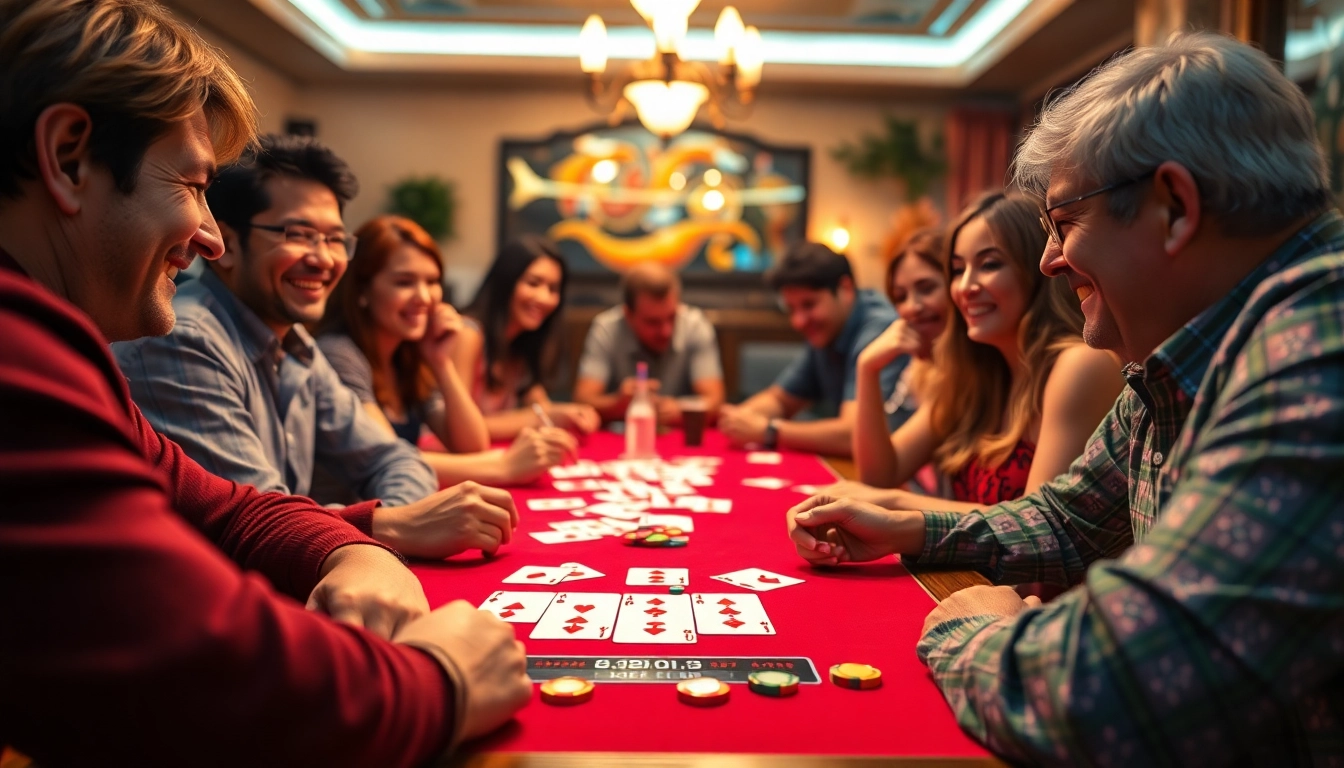 Engaged players enjoying a thrilling yono rummy game, surrounded by colorful cards and chips.