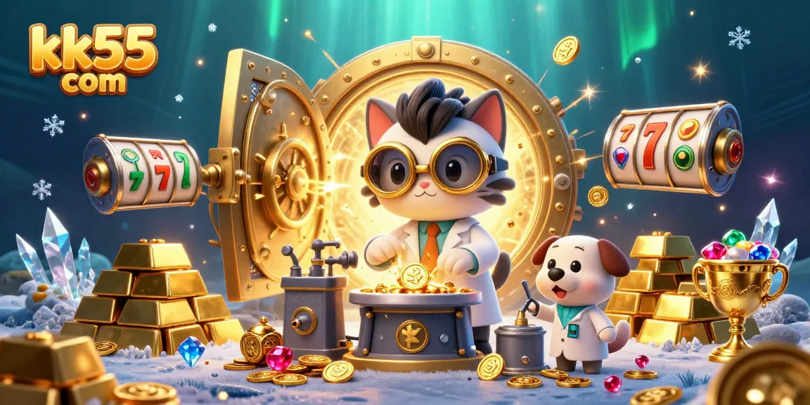Engage in exciting gaming at kk55 com with a vibrant 3D scene showcasing gold coins, jackpots, and slot elements.