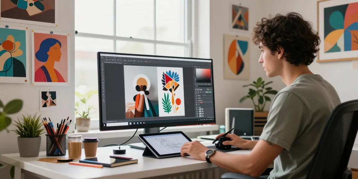 Designer using nano banana pro for creative image editing in a bright art studio.