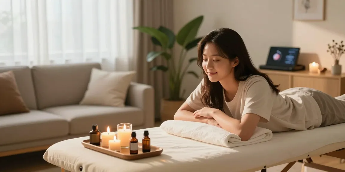 인계동출장안마 세션을 즐기는 여성과 아늑한 거실 장면
