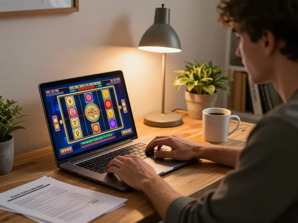Engaging online gameplay at rik vip casino with colorful slot graphics in a cozy home setting.
