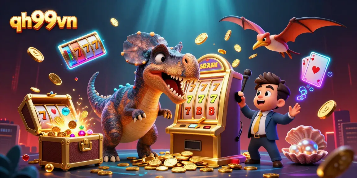 Experience excitement with qh99vn as a dinosaur wins jackpot coins from a golden slot machine!