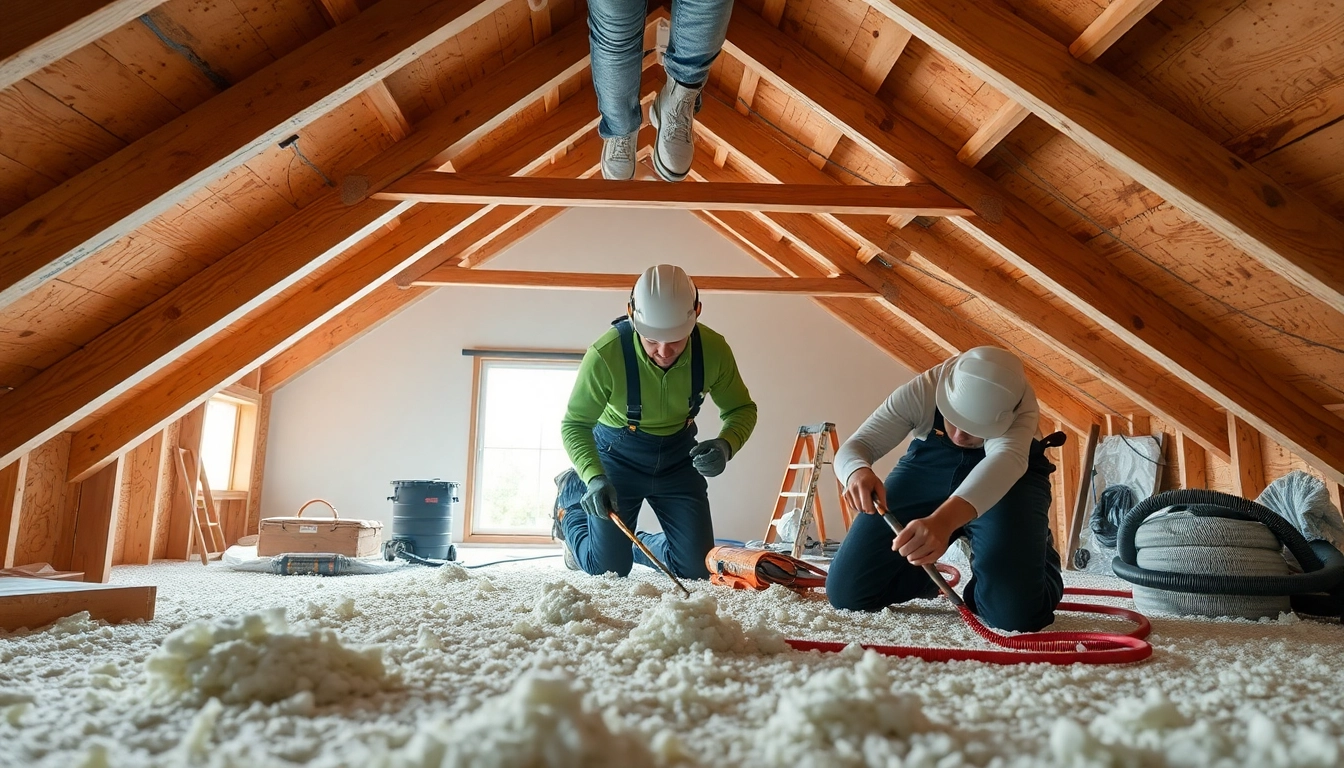 Efficient spray foam removal contractors actively demonstrating foam extraction in a clean, well-lit attic space.